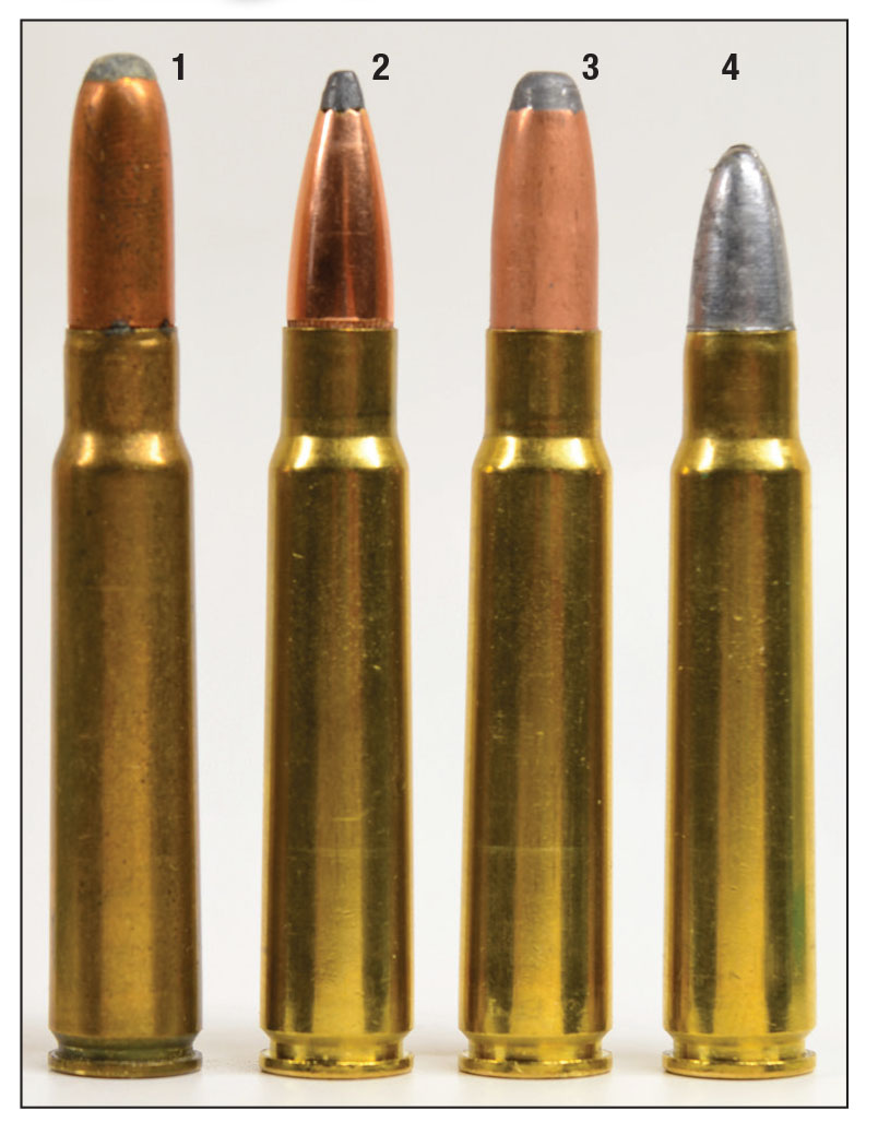 Comparing loads: (1) factory load, (2) 195-grain Hornady, (3) 200-grain Hawk and (4) 215-grain cast. The magazine was remarkably tolerant.